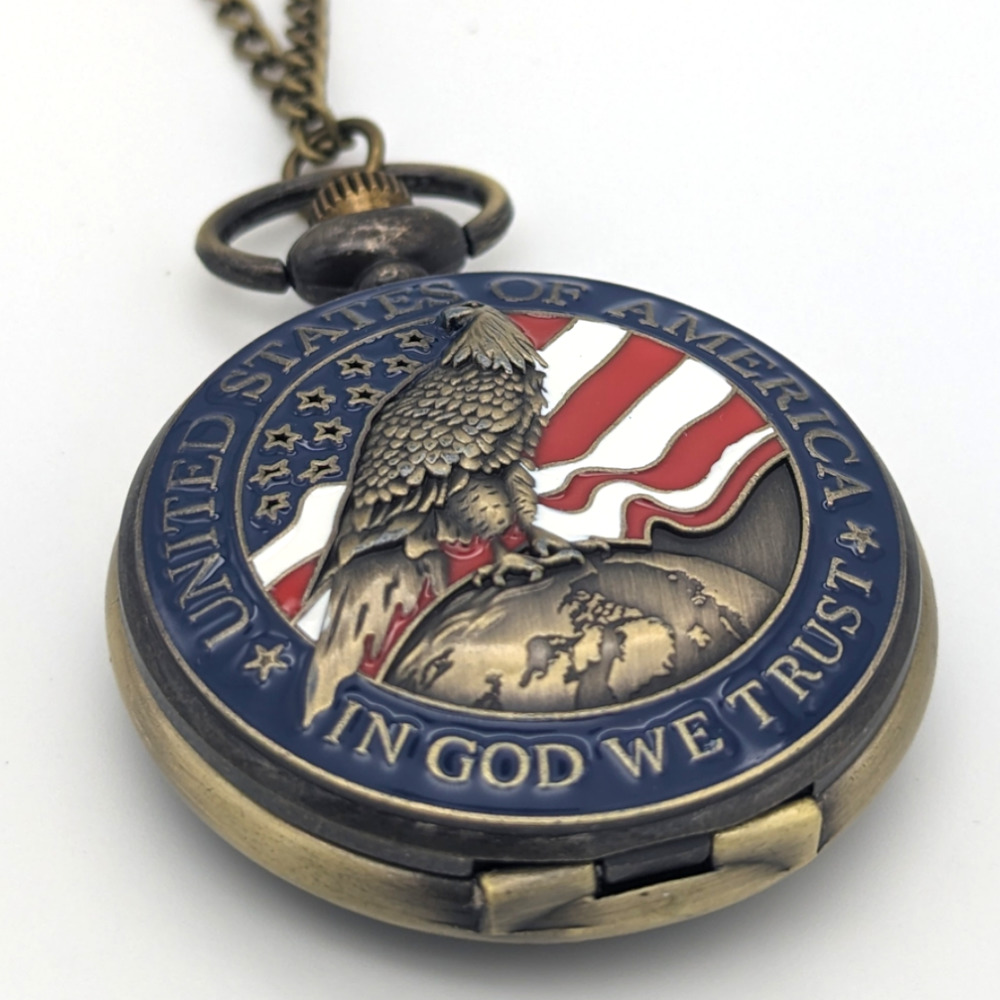 Eagle and Flag Patriot Pocket Watch Patriotic Vintage Bronze Finish America Gift - Picture 4 of 8